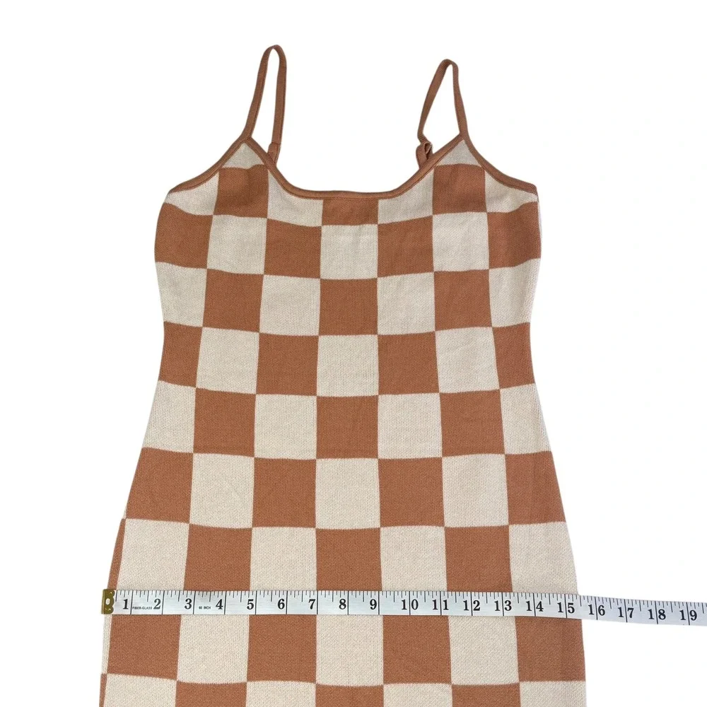 Checkered Maxi Dress M Retro Y2K 70s Brown Cream Bodycon Knit Vintage Inspired - Picture 8 of 9